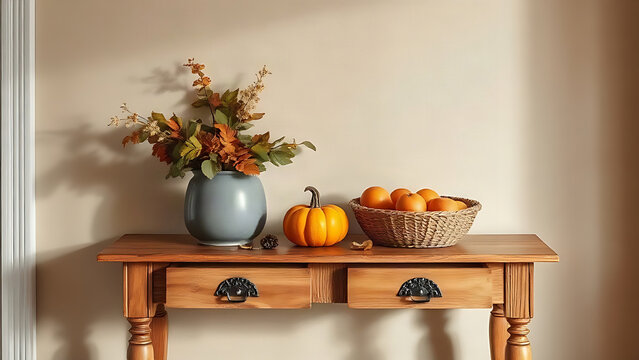 Wooden entryway table with small pumpkin, basket of apples, autumn leaves, cozy welcoming home decor
