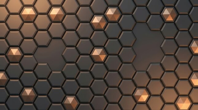 Geometric dark gray honeycomb pattern featuring metallic rose gold hexagonal prisms in a futuristic 3d render