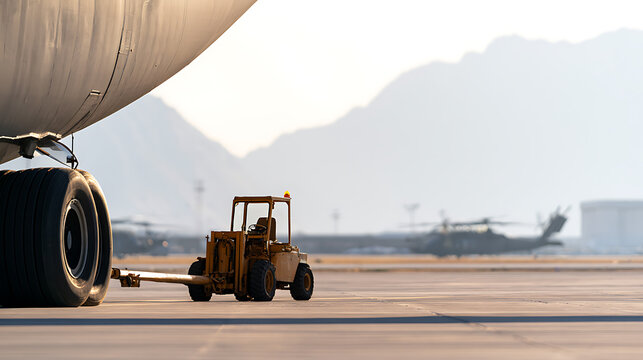 A heavy transport aircraft parked on a desert airfield with a yellow tug vehicle attached to its massive landing gear wheels for ground ops