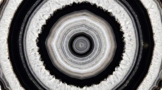 Concentric black and white circular patterns in a polished agate geode slice with intricate crystalline mineral structures