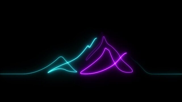 Vibrant neon mountain range illuminated with glowing blue, pink, and orange light against a dark, starry background.4k animation video