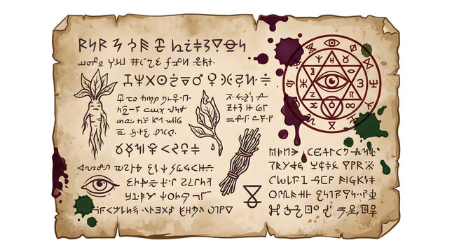 Ancient alchemical parchment scroll with cryptic runes botanical drawings blood splatters and a large mystic eye seal is perfect for fantasy spell craft.