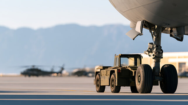 Military aircraft landing gear on the tarmac with a tug vehicle positioned nearby during a daylight operation at an air base airfield