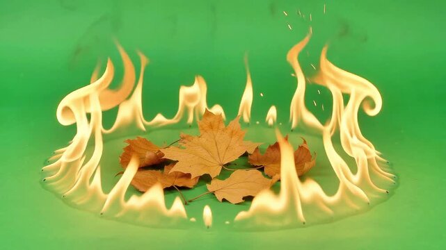 Dry brown maple leaves surrounded by a ring of bright orange flames on green background with circular fire burning
