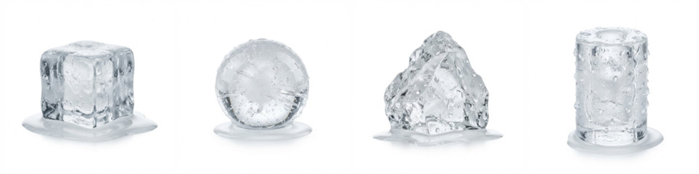 Melting ice shapes on white background featuring crystal clear cube, sphere, rough chunk, and cylinder with water droplets, suitable for cocktail bar menu and cold drink designs