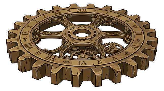 Ancient brass gear wheel with roman numerals and astrological symbols etched on aged stone surface ideal for steampunk machinery or puzzle game interface.