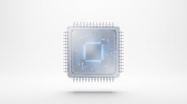 A futuristic glass computer processor chip icon floating against a clean white background, representing modern technology and microelectronics