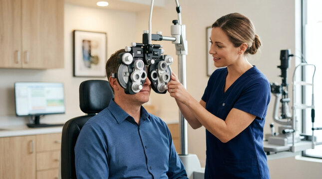 Optometrist examining patient's eyes with phoropter in modern clinic