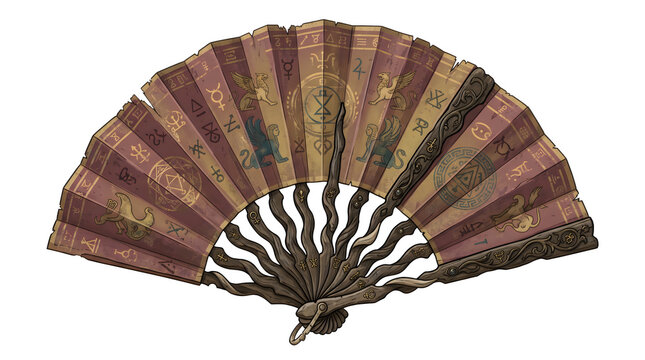 Antique folding hand fan decorated with mythological griffins and astrological symbols offers a unique decorative prop for historical fantasy and costume designs.