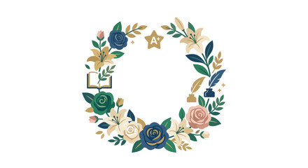 Naklejka premium Circular flower wreath with graduation star and book.