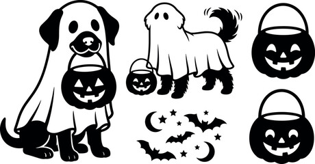 Obraz premium Dogs in Ghost Costumes with Halloween Buckets and Decorations
