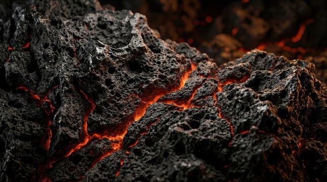 Glowing orange magma seeps through the fissures of rough black volcanic rock in a dramatic display of geothermal energy