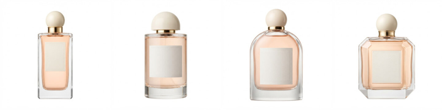 Perfume bottle mockup set with blank labels featuring clear glass flacons, peach liquid, round caps, and golden accents isolated on a white background for cosmetic brand packaging