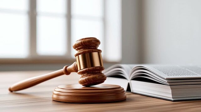 Wooden Gavel And Law Book On Table In Office, Legal Concept