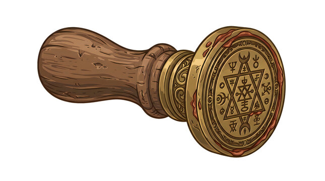 Antique wooden wax seal stamp featuring engraved hexagram and mystic sigils on circular brass plate for occult documents and secret society correspondence.