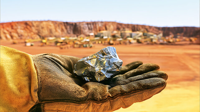 A miner hold shiny silver ore metal rock specimen in hand with open palm against open pit mine landscape background on sunny day