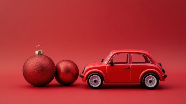 red toy car with christmas ornaments