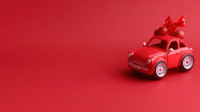 Red toy car with Christmas presents on top