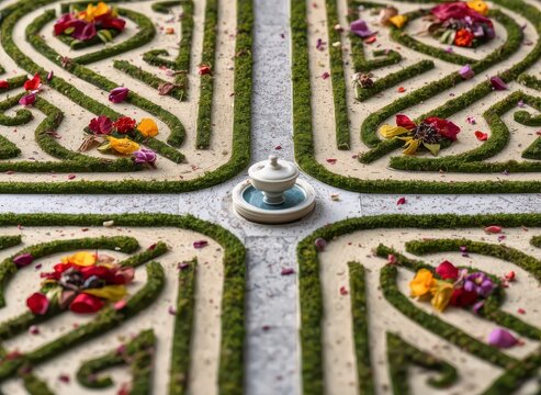 Top down macro photograph of a miniature symmetrical maze garden filled with colorful flower petals and central urn