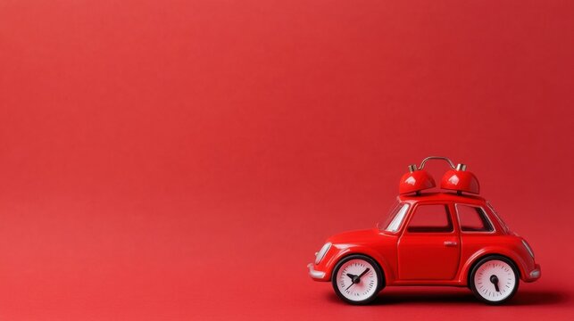 red toy car with christmas presents on top