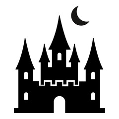 Silhouette of a spooky gothic castle with towers and a crescent moon isolated on transparent background © JARA