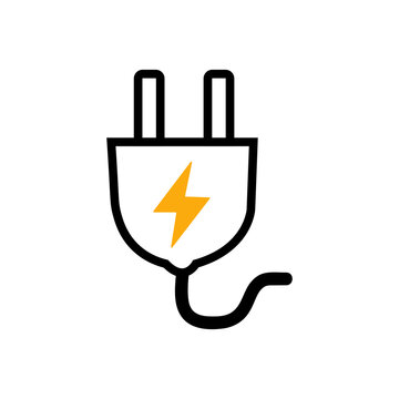 A simple flat vector icon of an electrical plug with a yellow lightning bolt symbol in the center, representing power, energy, and electricity isolated on transparent background