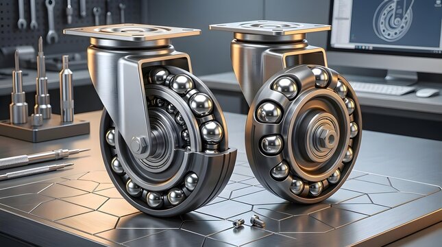 Two detailed caster wheels with visible ball bearings are displayed on a metal workbench  surrounded by precision tools and a computer screen showing a technical drawing