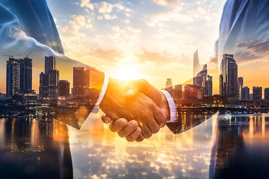 Golden Handshake Business Deal Double Exposure City Sunset Commercial Partnership