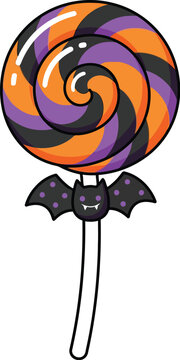 Colorful swirled Halloween lollipop decorated with small bat illustration standing upright isolated on white background