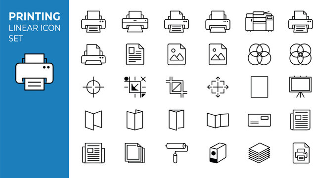 Printing Linear Icon Set With Printers Documents Crop Marks And Publishing SymbolsPrinting Linear Icon Set With Printers Documents Crop Marks And Publishing Symbols