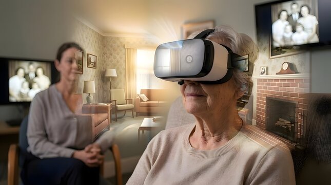 An elderly woman using a virtual reality headset in a cozy living room  with a younger woman sitting beside her  both surrounded by furniture and framed photos