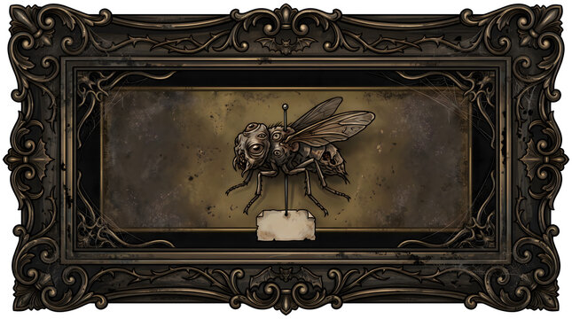 Gothic framed insect specimen featuring a mutated multi-eyed fly pinned to vintage paper makes a perfect macabre decorative element for dark fantasy layouts.