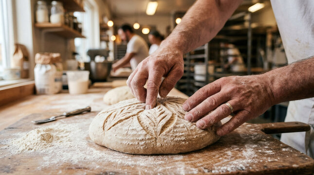Baker scoring artisanal bread dough with intricate leaf pattern before baking