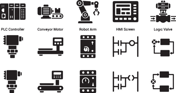 Set of industrial automation icons featuring plc controllers, robotic arms, hmi screens, logic valves, conveyor motors, and electrical circuit diagrams