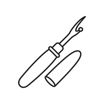 Minimalist line icon of a seam ripper with cap used for removing stitches and unpicking seams.