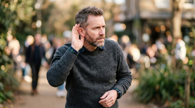 Man cupping ear to listen intently in a blurred outdoor park setting
