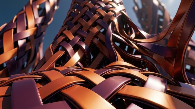 Intricate basketweave pattern of metallic bronze and violet straps creates a dynamic futuristic architectural structure