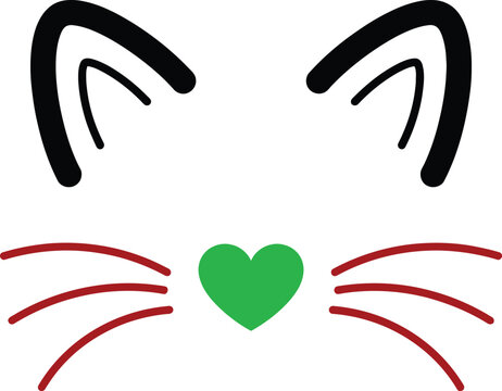 Cute cat face vector illustration with black ears and green heart nose