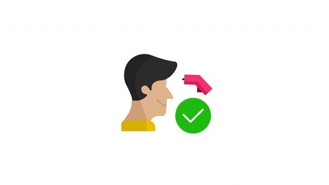 Human profile forehead temperature scan thermometer sensor green check mark icon status for health monitoring applications and medical websites.