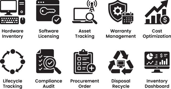 Set of ten black flat icons representing it asset management processes, including hardware inventory, software licensing, asset tracking, and financial reporting