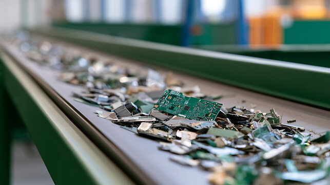 Electronic waste recycling process with circuit boards and computer parts moving on a factory conveyor belt in a modern industrial plant