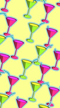 Seamless funny vertical video of sketch drink cocktails with a colorful background.Cocktail comic video loop. summer cartoon concept backdrop.