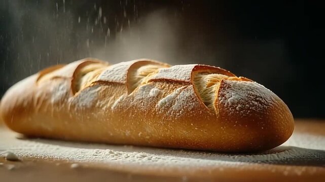 Artistic video of a baguette on a bright contrasting backdrop as a gentle cloud of flour falls over it, creating a dynamic and lively foodad atmosphere