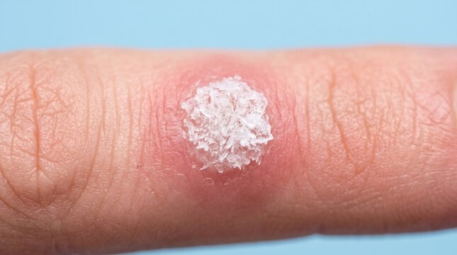 Micro shot of a viral wart or verruca on human finger skin with inflammation