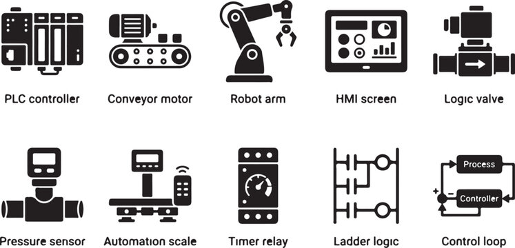 Set of ten industrial automation icons featuring plc controller, robot arm, hmi screen, logic valve, pressure sensor, automation scale, timer relay, ladder logic, and control loop