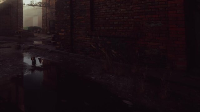 A narrow alley with brick walls shows reflections in water puddles. It is early morning with fog covering the area. Debris and old structures are visible.
