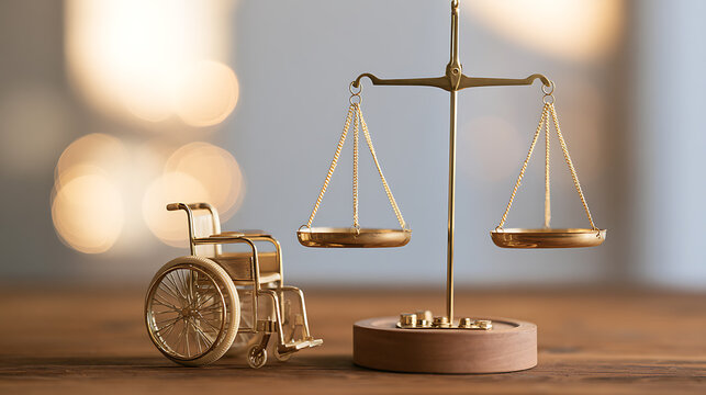 Gold justice scale balance and wheelchair symbol on wood table over blur bokeh background corporate legal equality rights care concept photo