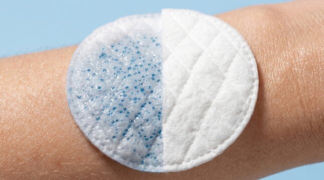 Circular medical patch with blue gel dots applied on human arm skin for allergy test