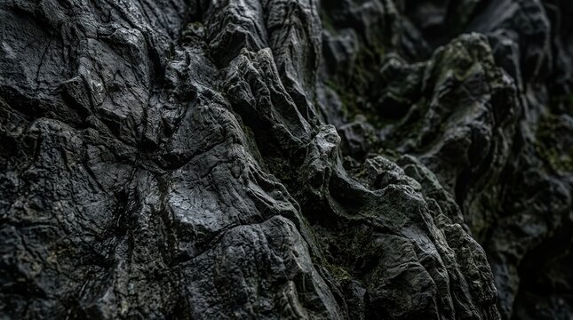 Jagged dark basalt rock formation features a wet texture and deep shadows with patches of green moss
