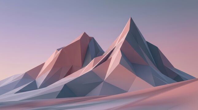 Low poly mountain peaks rise against a soft pink and purple gradient sky in a minimalist geometric landscape